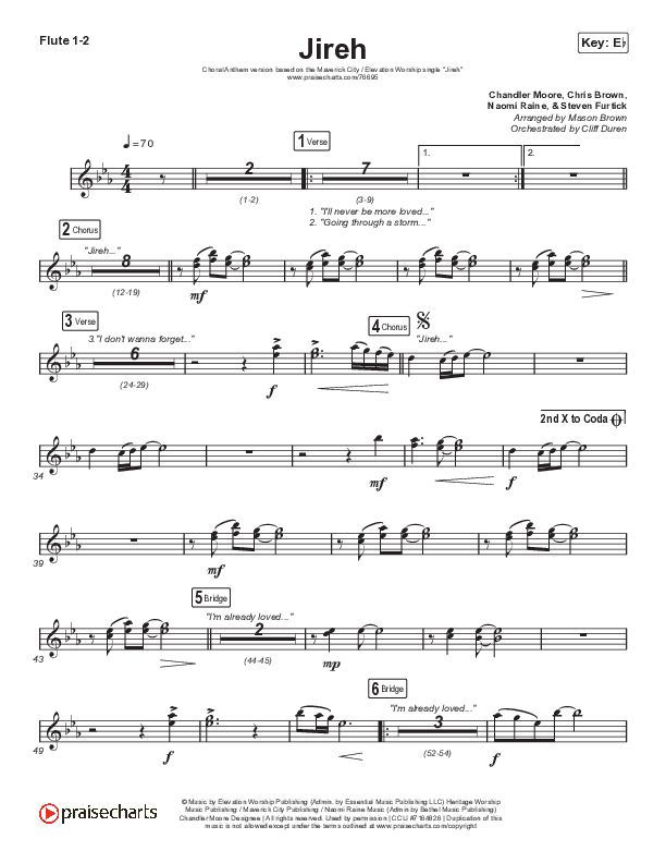 Jireh (Choral Anthem SATB) Flute 1/2 (Elevation Worship / Maverick City Music / Chandler Moore / Naomi Raine / Arr. Cliff Duren / Mason Brown)