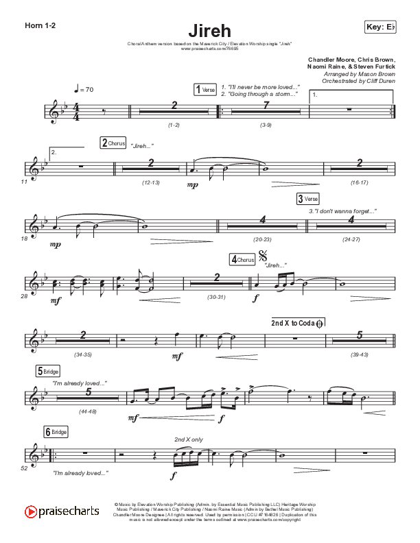 Jireh (Choral Anthem SATB) French Horn 1/2 (Elevation Worship / Maverick City Music / Chandler Moore / Naomi Raine / Arr. Cliff Duren / Mason Brown)