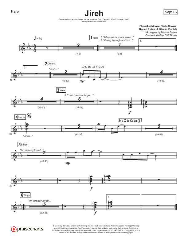 Jireh (Choral Anthem SATB) Harp (Elevation Worship / Maverick City Music / Chandler Moore / Naomi Raine / Arr. Cliff Duren / Mason Brown)