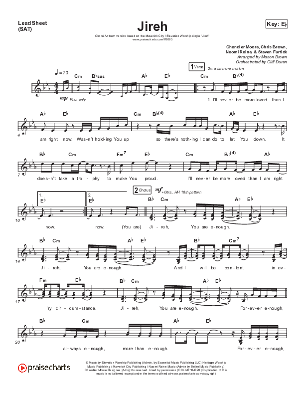 Jireh (Choral Anthem SATB) Lead Sheet (SAT) (Elevation Worship / Maverick City Music / Chandler Moore / Naomi Raine / Arr. Cliff Duren / Mason Brown)