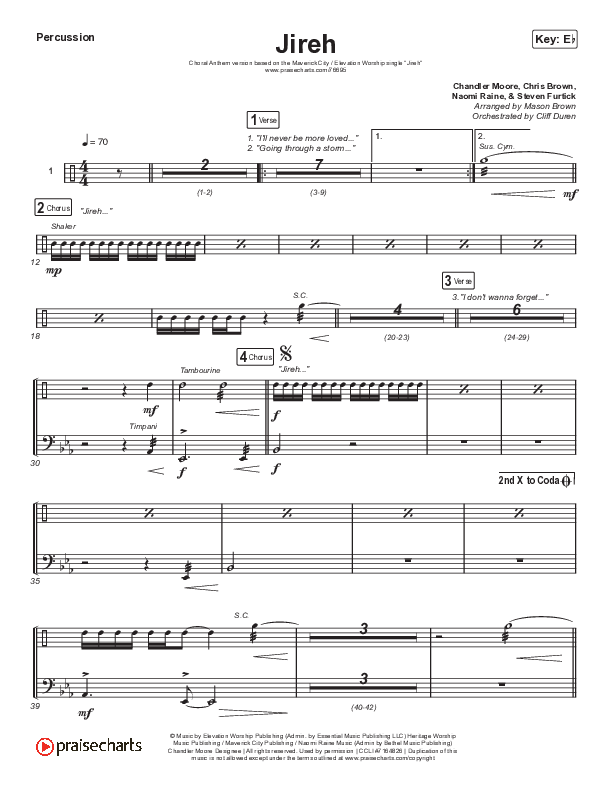 Jireh (Choral Anthem SATB) Percussion (Elevation Worship / Maverick City Music / Chandler Moore / Naomi Raine / Arr. Cliff Duren / Mason Brown)