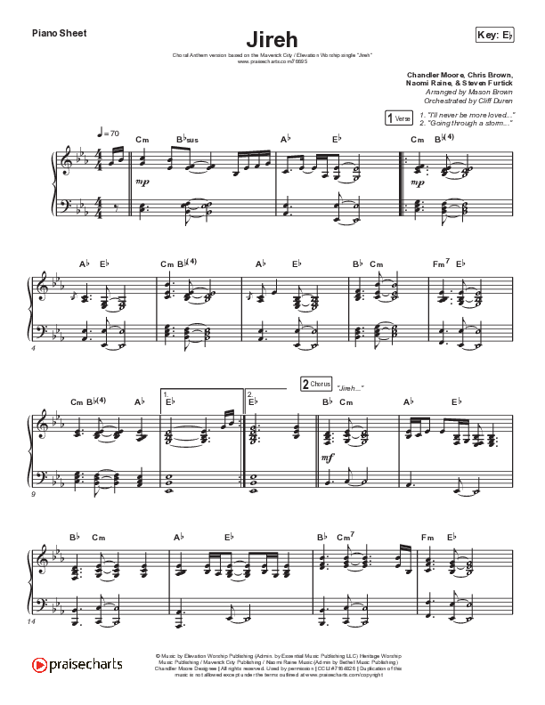Jireh (Choral Anthem SATB) Piano Sheet (Elevation Worship / Maverick City Music / Chandler Moore / Naomi Raine / Arr. Cliff Duren / Mason Brown)