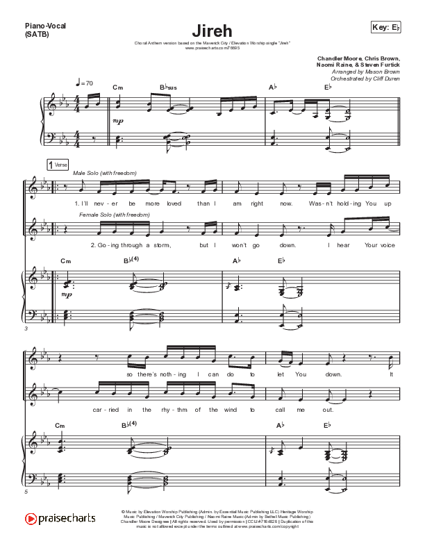 Jireh (Choral Anthem) Piano/Vocal (SATB) (PraiseCharts Choral / Elevation Worship / Maverick City Music / Chandler Moore / Naomi Raine / Arr. Cliff Duren, Mason Brown)