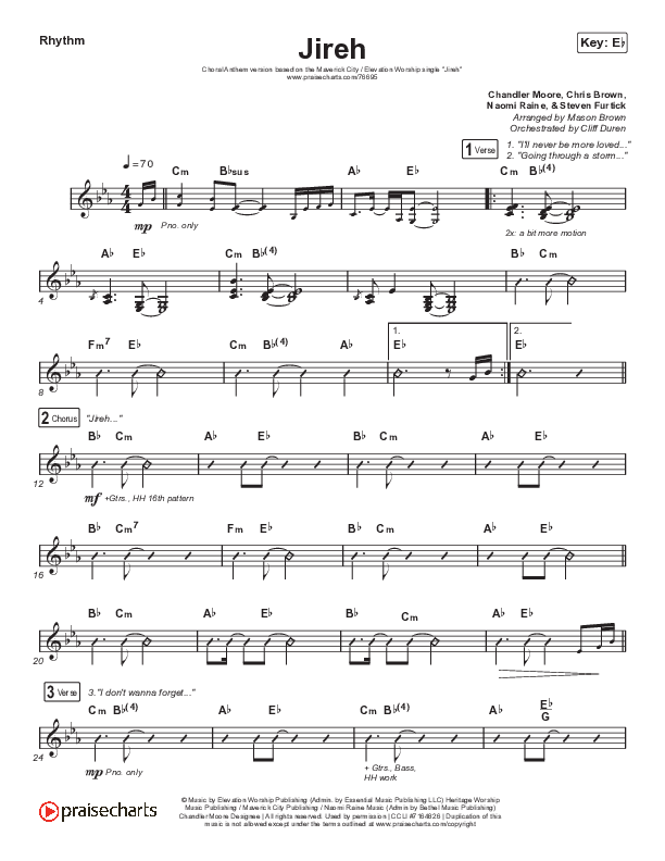 Jireh (Choral Anthem SATB) Rhythm Chart (Elevation Worship / Maverick City Music / Chandler Moore / Naomi Raine / Arr. Cliff Duren / Mason Brown)