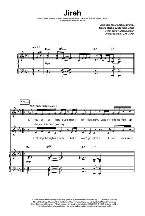 Jireh (Choral Anthem SATB) Octavo (SATB & Pno) (Elevation Worship / Maverick City Music / Chandler Moore / Naomi Raine / Arr. Cliff Duren / Mason Brown)