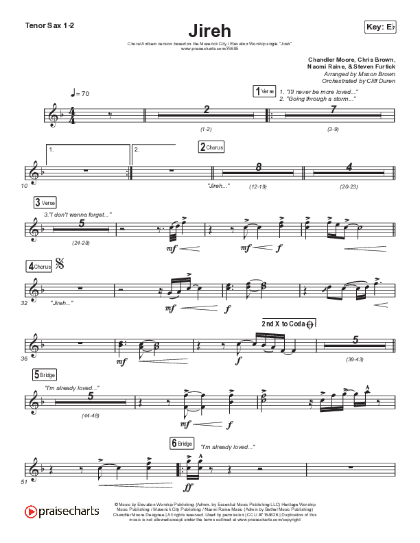 Jireh (Choral Anthem SATB) Tenor Sax 1/2 (Elevation Worship / Maverick City Music / Chandler Moore / Naomi Raine / Arr. Cliff Duren / Mason Brown)
