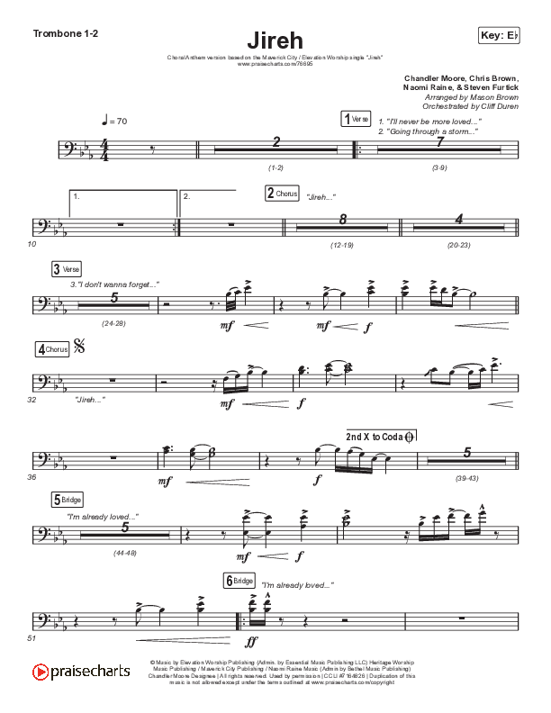 Jireh (Choral Anthem SATB) Trombone 1/2 (Elevation Worship / Maverick City Music / Chandler Moore / Naomi Raine / Arr. Cliff Duren / Mason Brown)