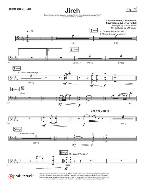 Jireh (Choral Anthem SATB) Trombone 3/Tuba (Elevation Worship / Maverick City Music / Chandler Moore / Naomi Raine / Arr. Cliff Duren / Mason Brown)