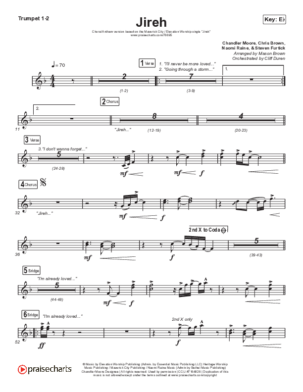Jireh (Choral Anthem SATB) Trumpet 1,2 (Elevation Worship / Maverick City Music / Chandler Moore / Naomi Raine / Arr. Cliff Duren / Mason Brown)