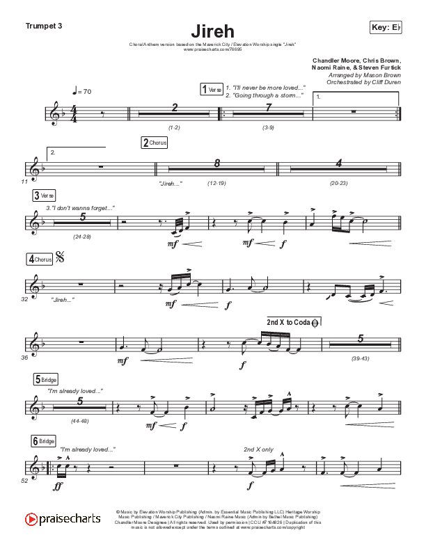 Jireh (Choral Anthem SATB) Trumpet 3 (Elevation Worship / Maverick City Music / Chandler Moore / Naomi Raine / Arr. Cliff Duren / Mason Brown)