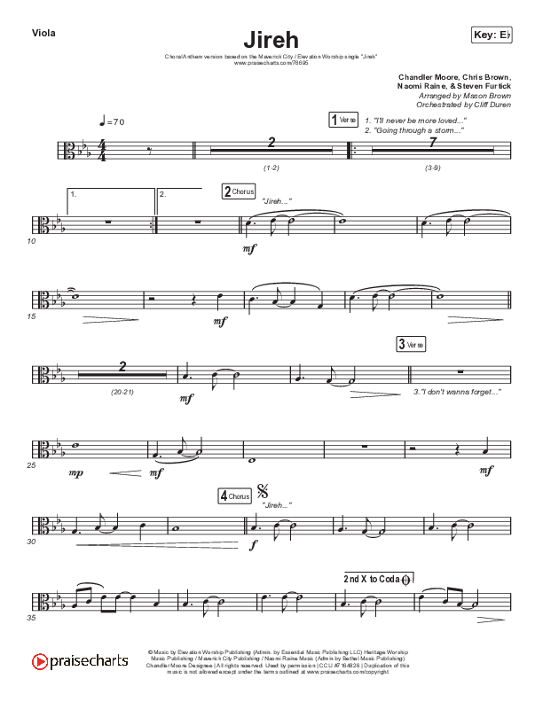 Jireh (Choral Anthem SATB) Viola (Elevation Worship / Maverick City Music / Chandler Moore / Naomi Raine / Arr. Cliff Duren / Mason Brown)