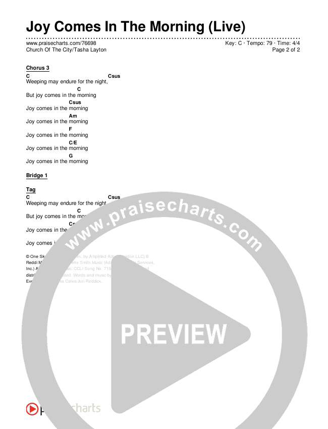 Joy Comes In The Morning (Live) Chords & Lyrics (Church Of The City / Tasha Layton)