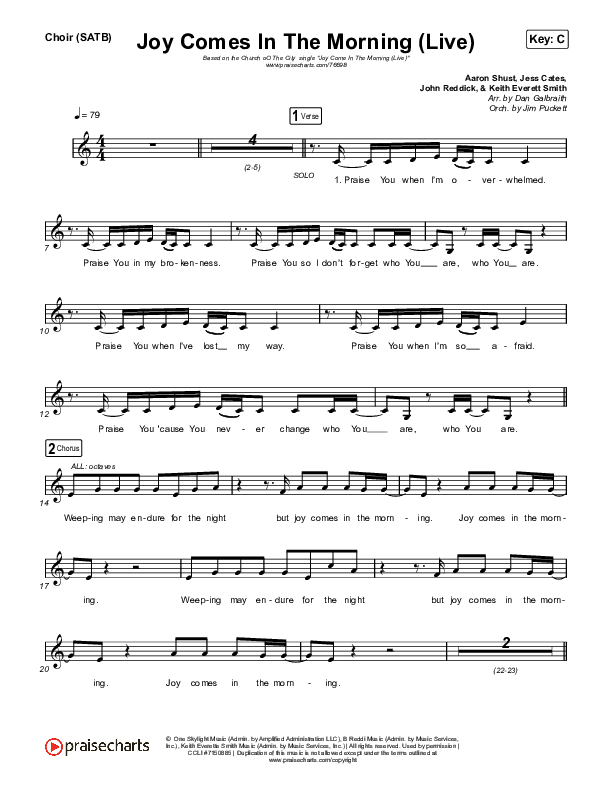 Joy Comes In The Morning (Live) Choir Sheet (SATB) (Church Of The City / Tasha Layton)