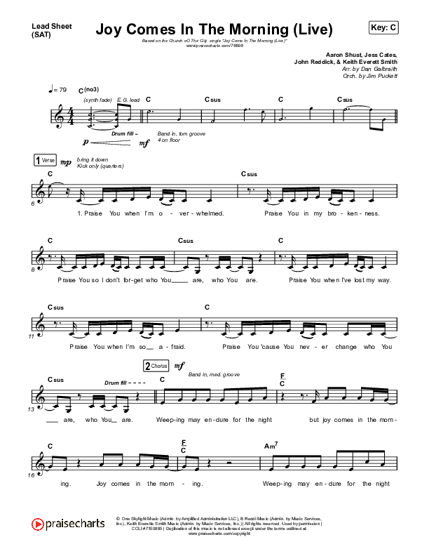 Joy Comes In The Morning (Live) Lead Sheet (SAT) (Church Of The City / Tasha Layton)