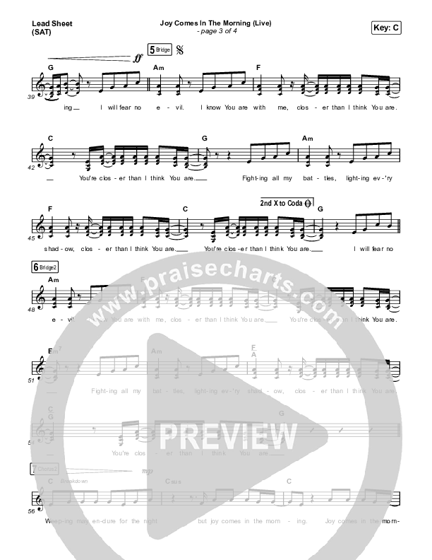 Joy Comes In The Morning (Live) Lead Sheet (SAT) (Church Of The City / Tasha Layton)