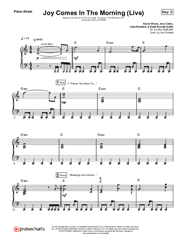 Joy Comes In The Morning (Live) Piano Sheet (Church Of The City / Tasha Layton)