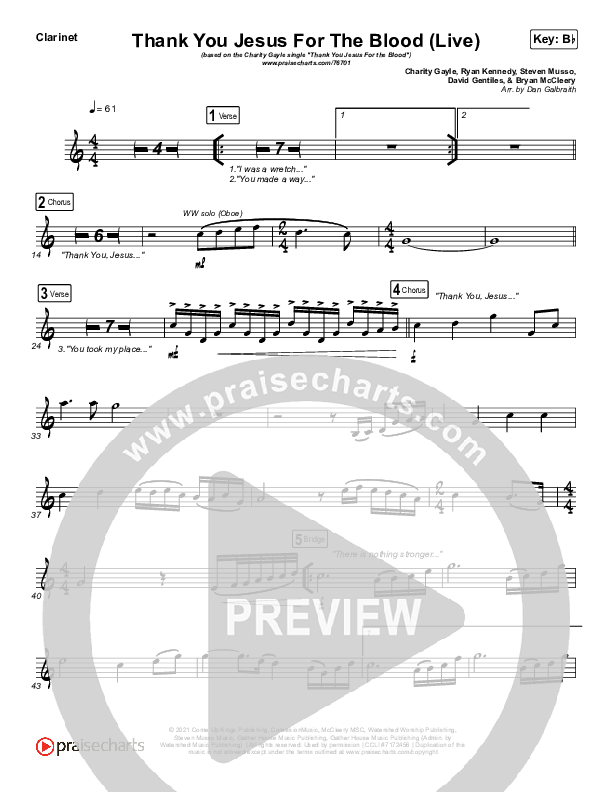 Thank You Jesus For The Blood Clarinet (Charity Gayle)