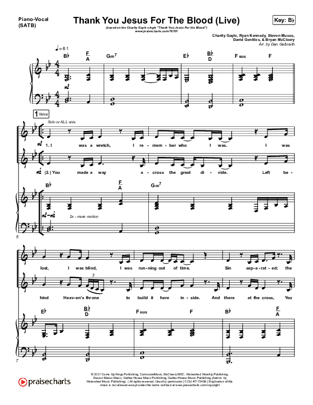 Thank You Jesus For The Blood Piano/Vocal (SATB) (Charity Gayle)