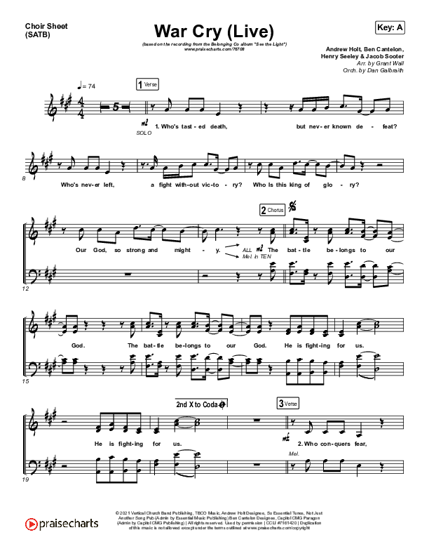 War Cry (Live) Choir Vocals (SATB) (The Belonging Co / Henry Seeley)