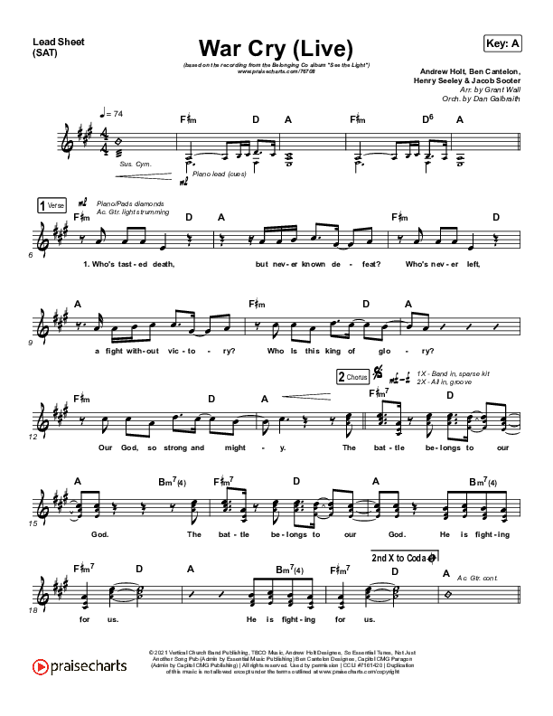 War Cry (Live) Lead Sheet (SAT) (The Belonging Co / Henry Seeley)