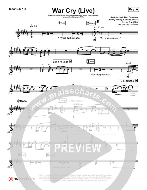 War Cry (Live) Tenor Sax 1/2 (The Belonging Co / Henry Seeley)