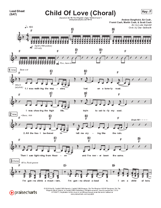 Child Of Love (Choral Anthem SATB) Lead Sheet (SAT) (We The Kingdom / Arr. Luke Gambill)