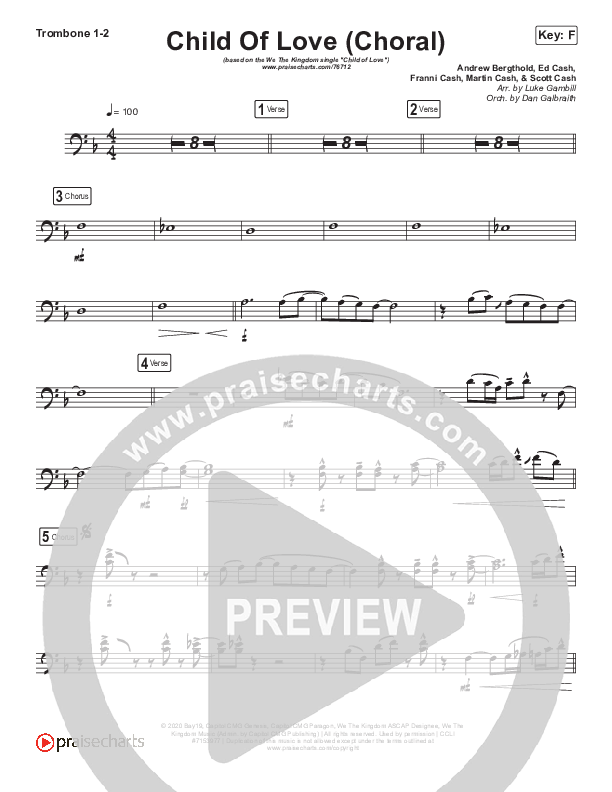 Child Of Love (Choral Anthem SATB) Trombone 1/2 (We The Kingdom / Arr. Luke Gambill)