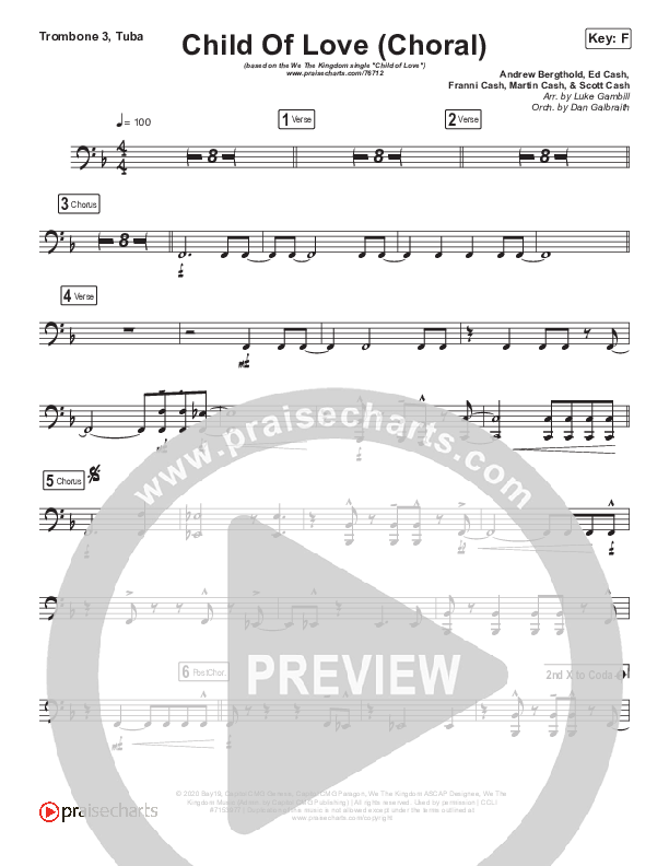 Child Of Love (Choral Anthem SATB) Trombone 3/Tuba (We The Kingdom / Arr. Luke Gambill)