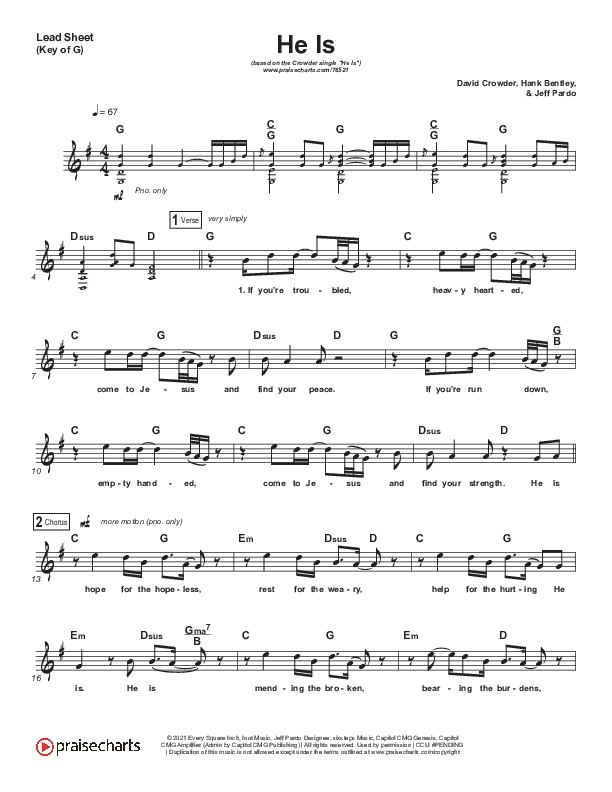 He Is (Choral Anthem SATB) Lead Sheet (Melody) (Crowder / Arr. Luke Gambill)