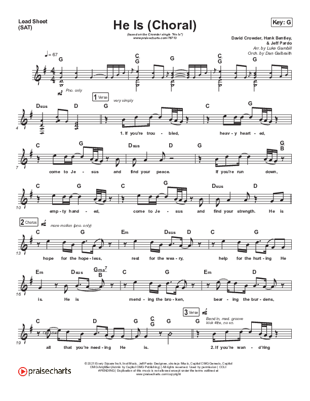 He Is (Choral Anthem SATB) Lead Sheet (SAT) (Crowder / Arr. Luke Gambill)