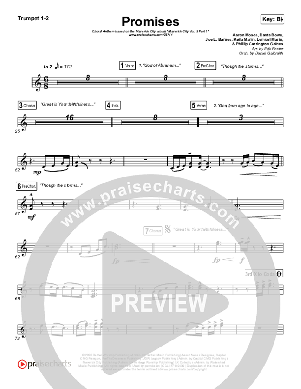 Promises (Choral Anthem SATB) Trumpet 1,2 (Maverick City Music / Arr. Erik Foster)