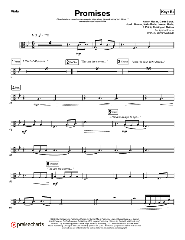 Promises (Choral Anthem SATB) Viola (Maverick City Music / Arr. Erik Foster)