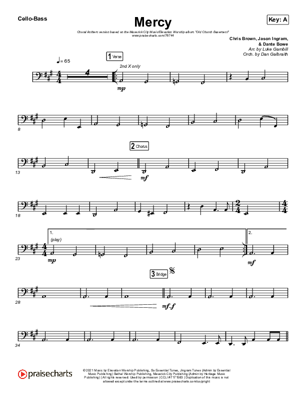 Mercy (Choral Anthem SATB) Cello/Bass (Maverick City Music / Elevation Worship / Chris Brown / Arr. Luke Gambill)