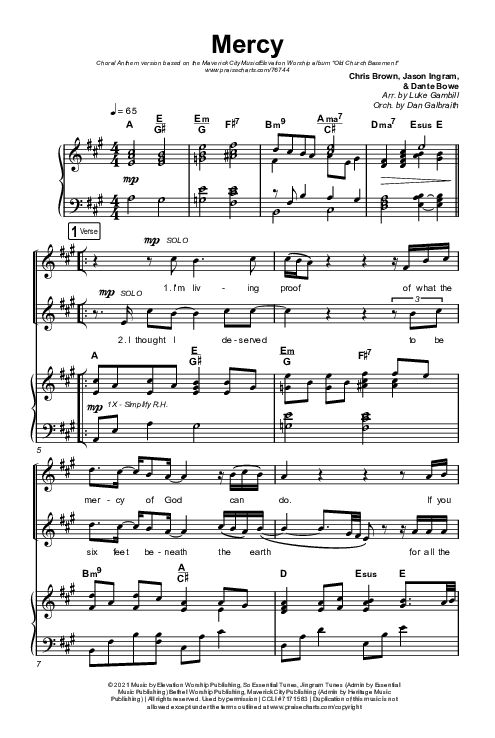 Mercy (Choral Anthem SATB) Octavo (SATB & Pno) (Maverick City Music / Elevation Worship / Chris Brown / Arr. Luke Gambill)