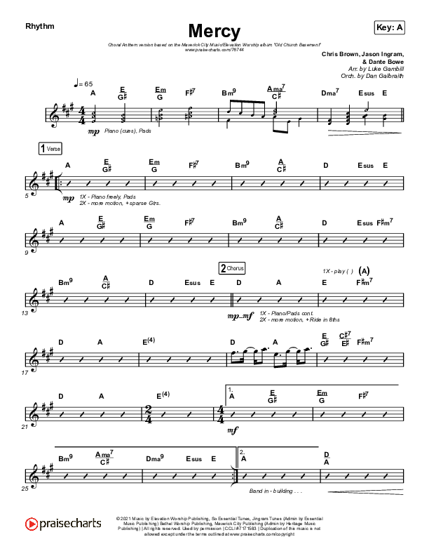 Mercy (Choral Anthem SATB) Rhythm Chart (Maverick City Music / Elevation Worship / Chris Brown / Arr. Luke Gambill)