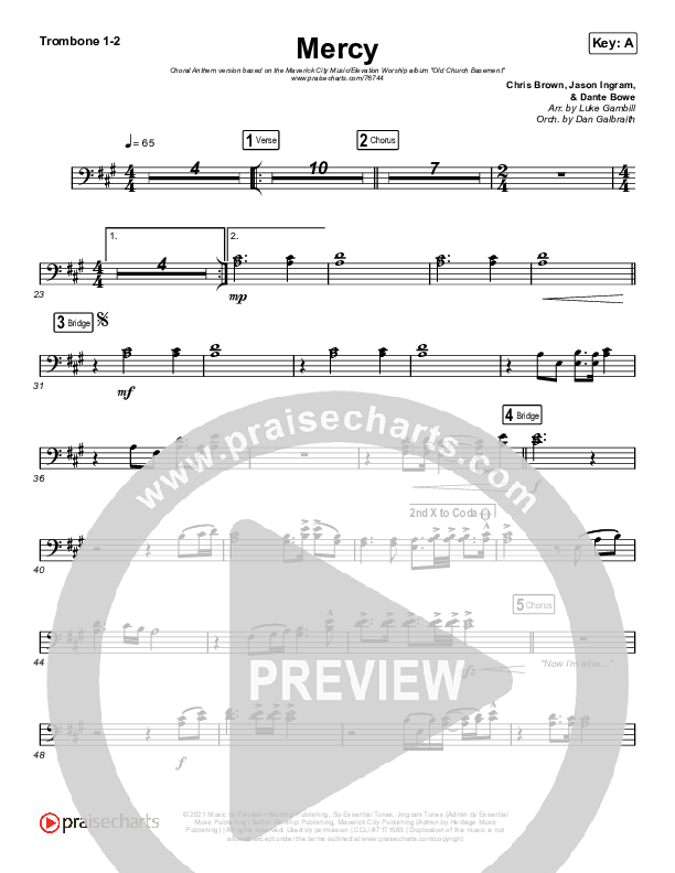Mercy (Choral Anthem SATB) Trombone 1/2 (Maverick City Music / Elevation Worship / Chris Brown / Arr. Luke Gambill)