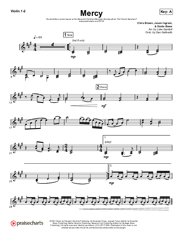 Mercy (Choral Anthem SATB) Violin 1/2 (Maverick City Music / Elevation Worship / Chris Brown / Arr. Luke Gambill)