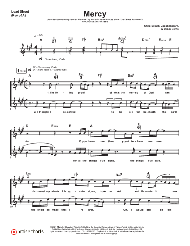 Mercy (Choral Anthem SATB) Lead Sheet (Melody) (Maverick City Music / Elevation Worship / Chris Brown / Arr. Luke Gambill)