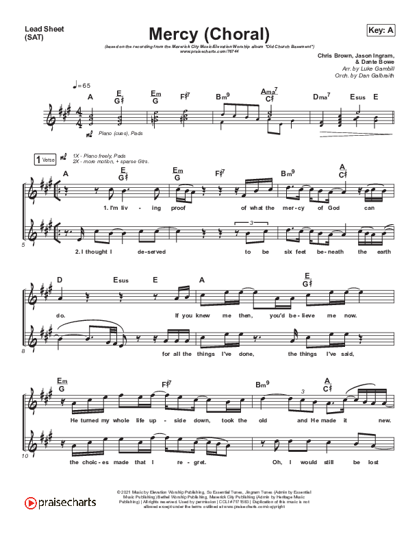 Mercy (Choral Anthem SATB) Lead Sheet (SAT) (Maverick City Music / Elevation Worship / Chris Brown / Arr. Luke Gambill)