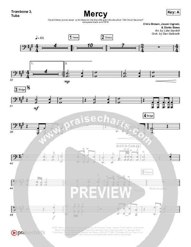 Mercy (Choral Anthem SATB) Trombone 3/Tuba (Maverick City Music / Elevation Worship / Chris Brown / Arr. Luke Gambill)