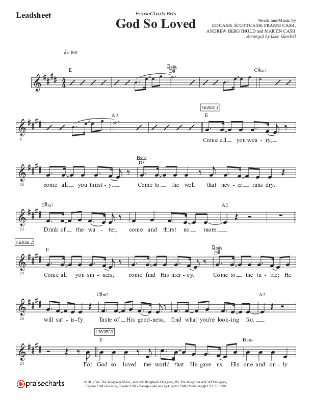 God So Loved (Kids) Lead Sheet (Melody) (PraiseCharts Kids / Arr. Luke Gambill)