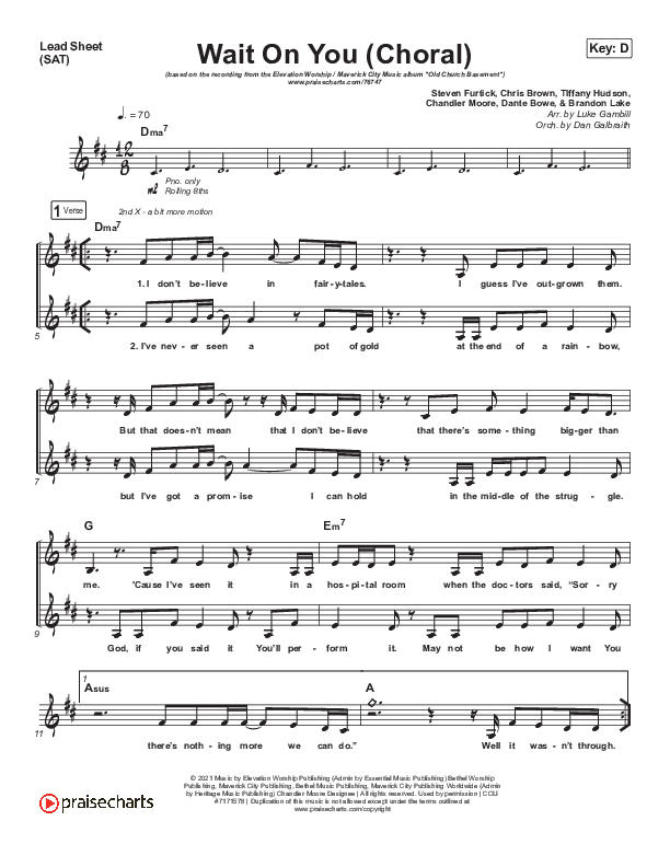 Wait On You (Choral Anthem SATB) Lead Sheet (SAT) (Maverick City Music / Elevation Worship / Dante Bowe / Chandler Moore / Arr. Luke Gambill)