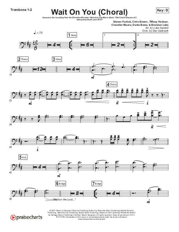 Wait On You (Choral Anthem SATB) Trombone 1/2 (Maverick City Music / Elevation Worship / Dante Bowe / Chandler Moore / Arr. Luke Gambill)