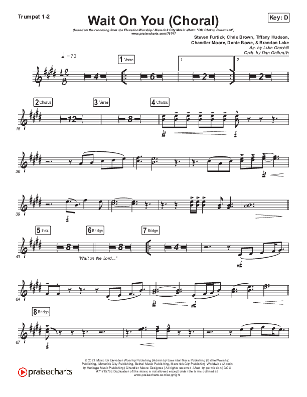 Wait On You (Choral Anthem SATB) Trumpet 1,2 (Maverick City Music / Elevation Worship / Dante Bowe / Chandler Moore / Arr. Luke Gambill)