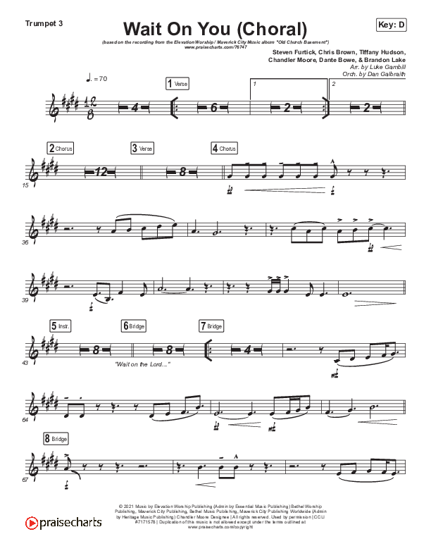 Wait On You (Choral Anthem SATB) Trumpet 3 (Maverick City Music / Elevation Worship / Dante Bowe / Chandler Moore / Arr. Luke Gambill)