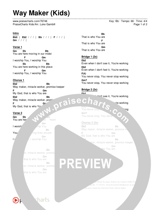 Way Maker (Kids) Chords & Lyrics (PraiseCharts Kids / Arr. Luke Gambill)