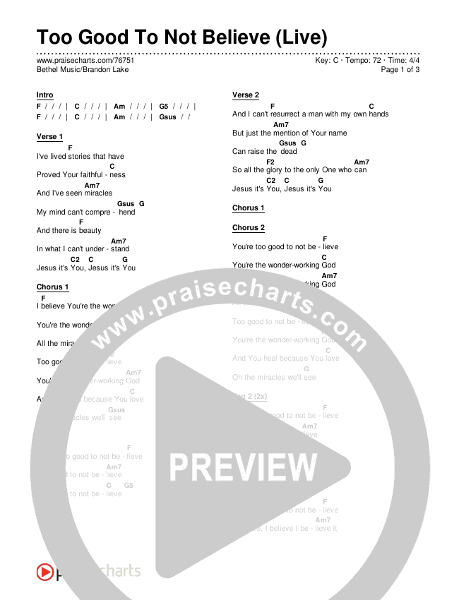 Too Good To Not Believe (Live) Chords & Lyrics (Bethel Music / Brandon Lake)