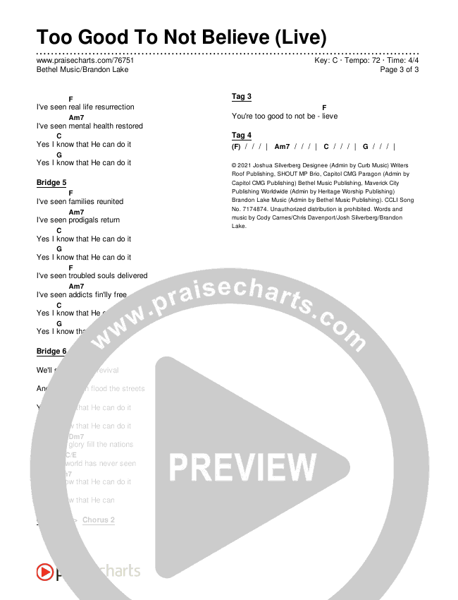 Too Good To Not Believe (Live) Chords & Lyrics (Bethel Music / Brandon Lake)