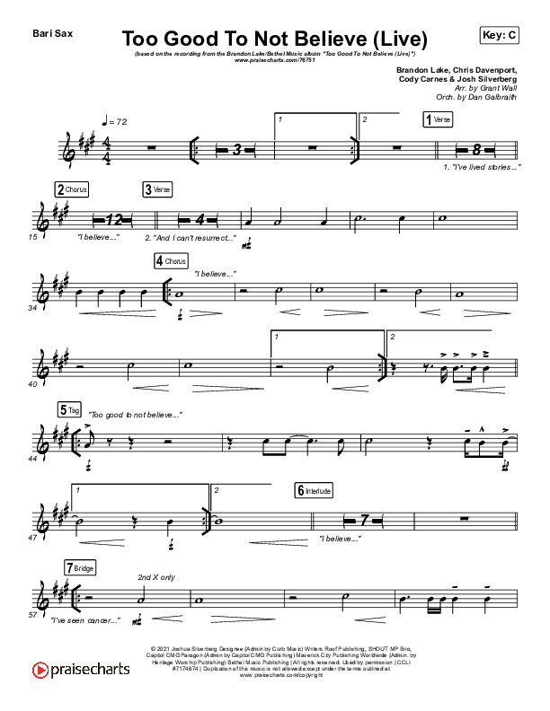 Too Good To Not Believe (Live) Bari Sax (Bethel Music / Brandon Lake)