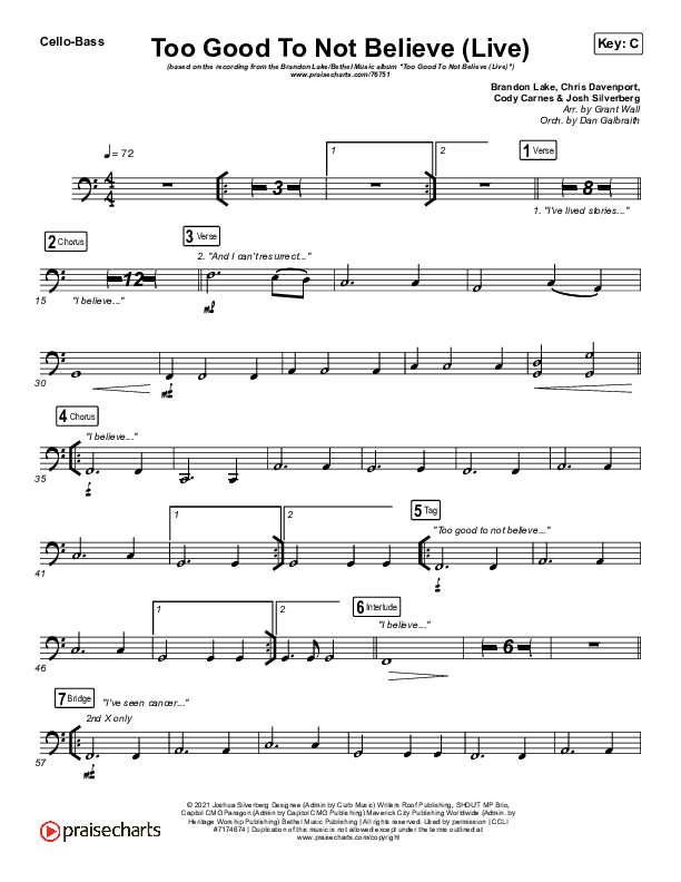 Too Good To Not Believe (Live) Cello/Bass (Bethel Music / Brandon Lake)
